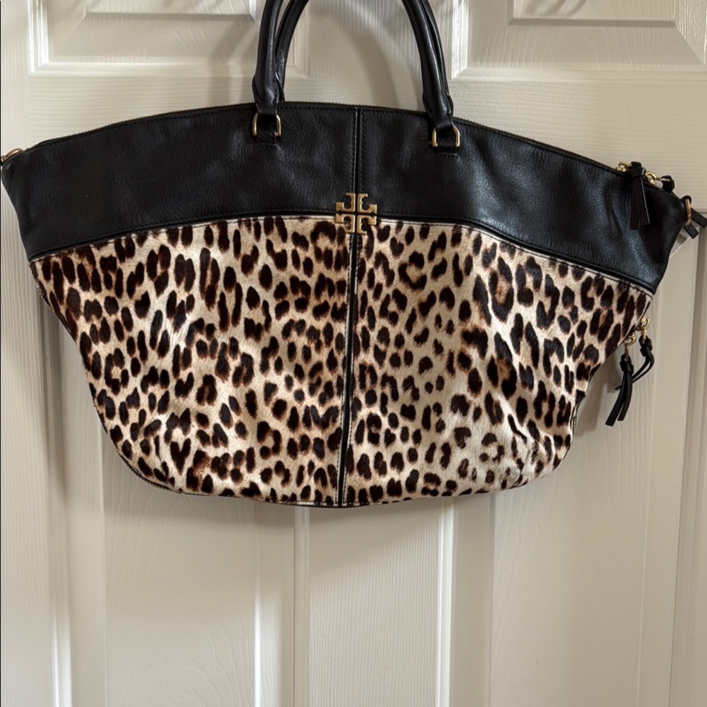 Tory Burch Black Leather & calf hair leopard Print Tote
